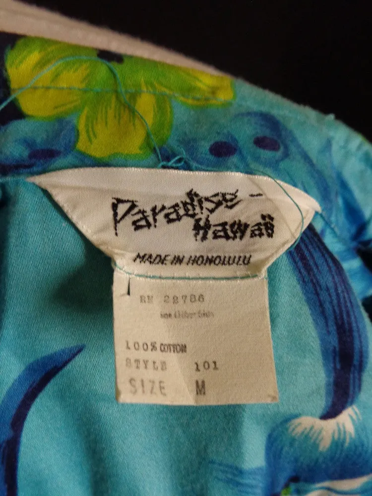 Vintage 50s 60s Blue Paradise Hawaii Floral Print Hawaiian Shirt
