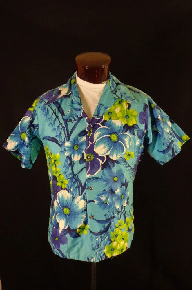 Vintage 50s 60s Blue Paradise Hawaii Floral Print Hawaiian Shirt