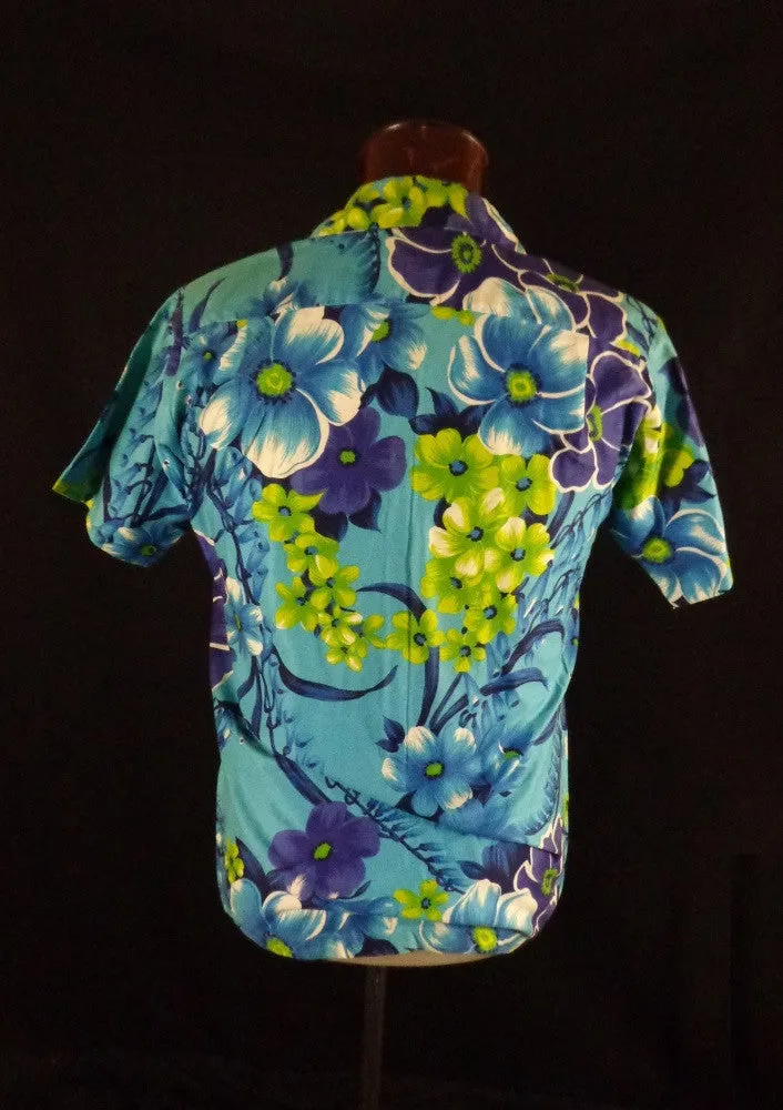 Vintage 50s 60s Blue Paradise Hawaii Floral Print Hawaiian Shirt