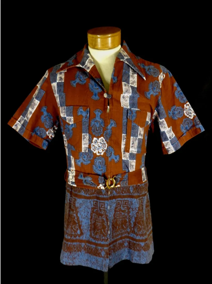 Vintage 60s Iolani Red Barkcloth Belted Hawaiian Shirt