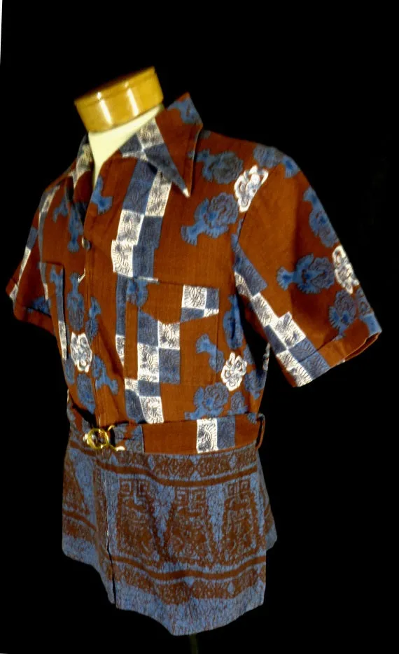 Vintage 60s Iolani Red Barkcloth Belted Hawaiian Shirt