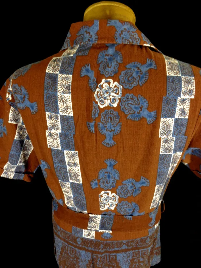 Vintage 60s Iolani Red Barkcloth Belted Hawaiian Shirt