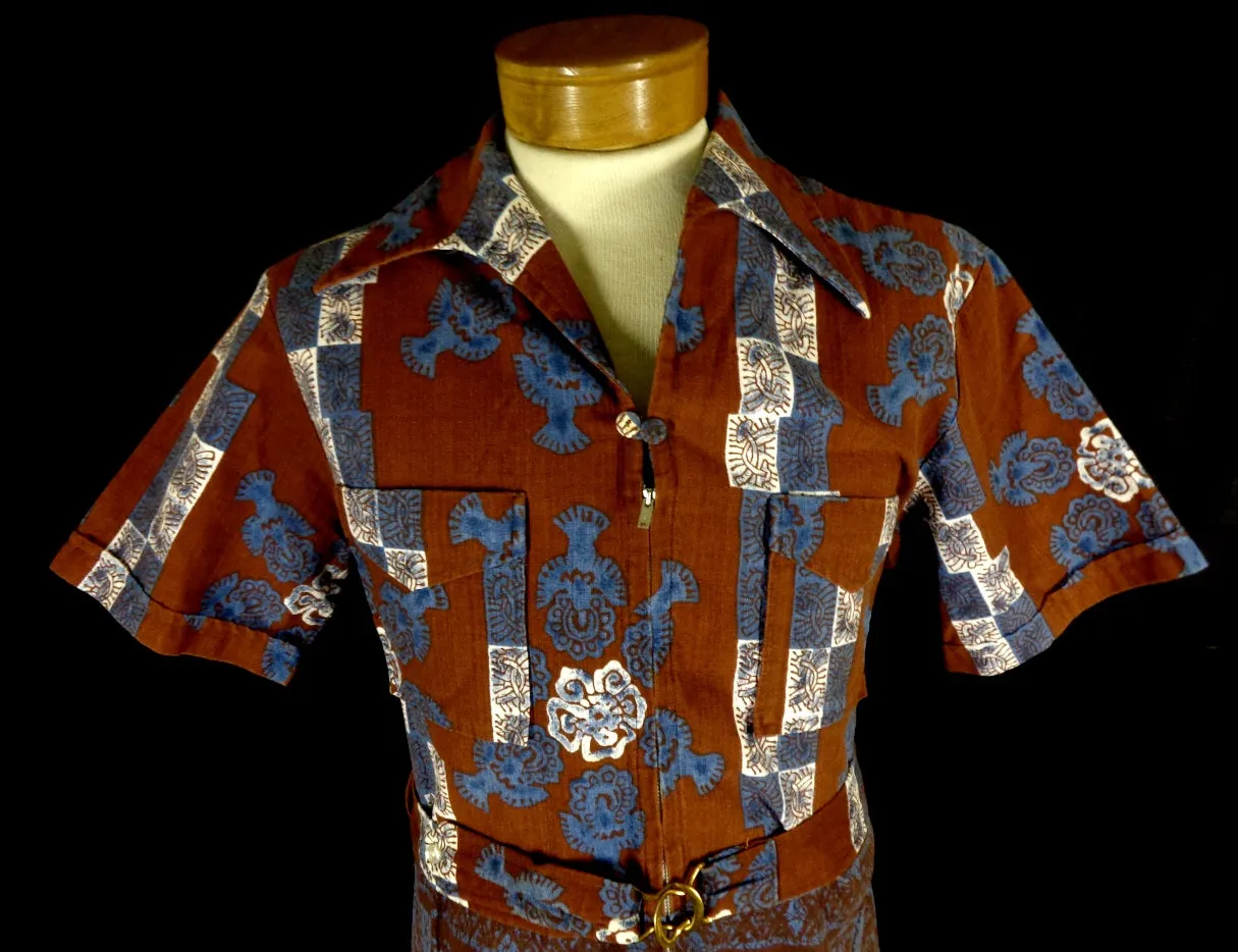 Vintage 60s Iolani Red Barkcloth Belted Hawaiian Shirt
