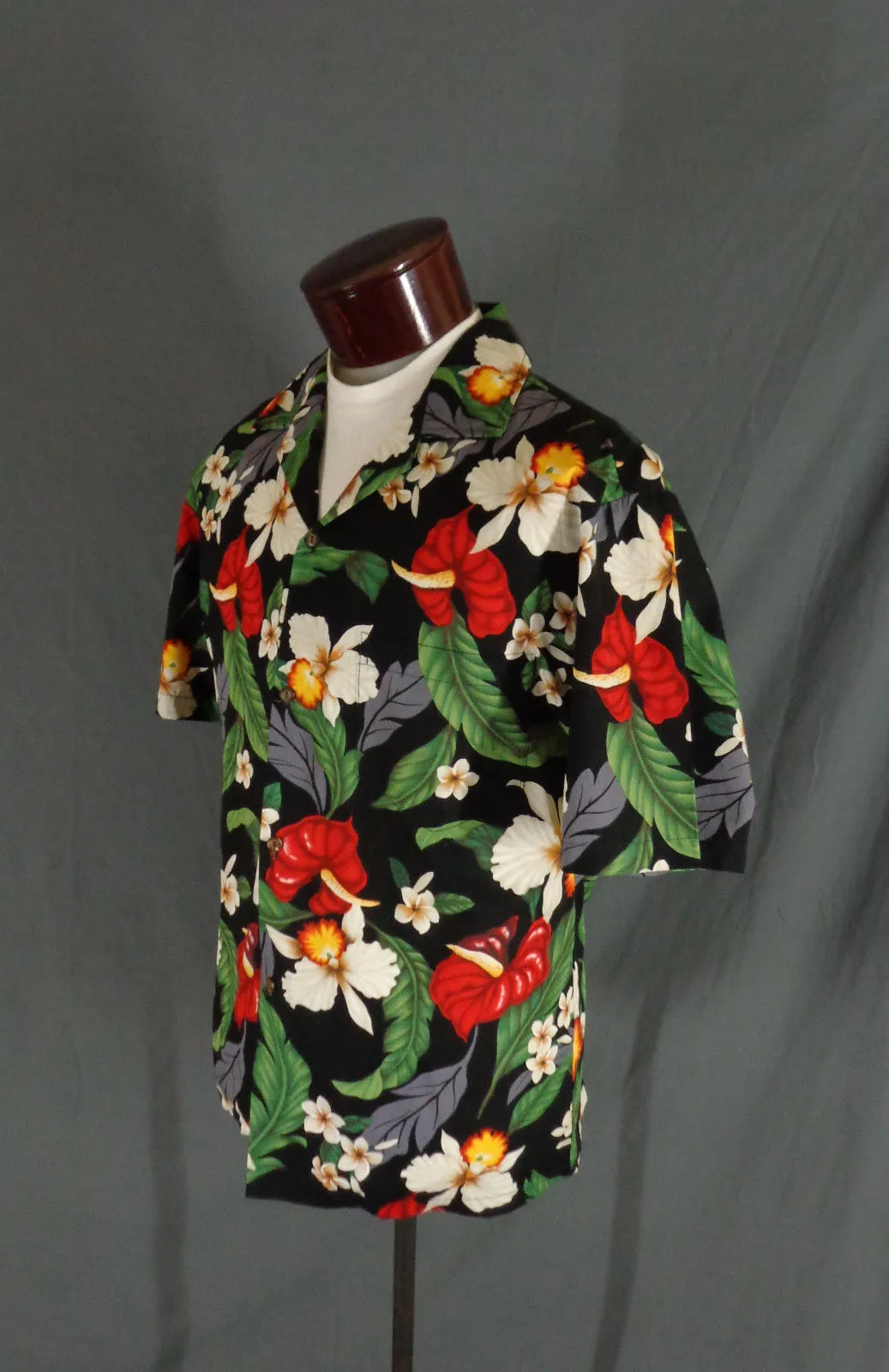 Vintage Aloha Republic Black Tropical Floral Print Hawaiian Shirt - Large