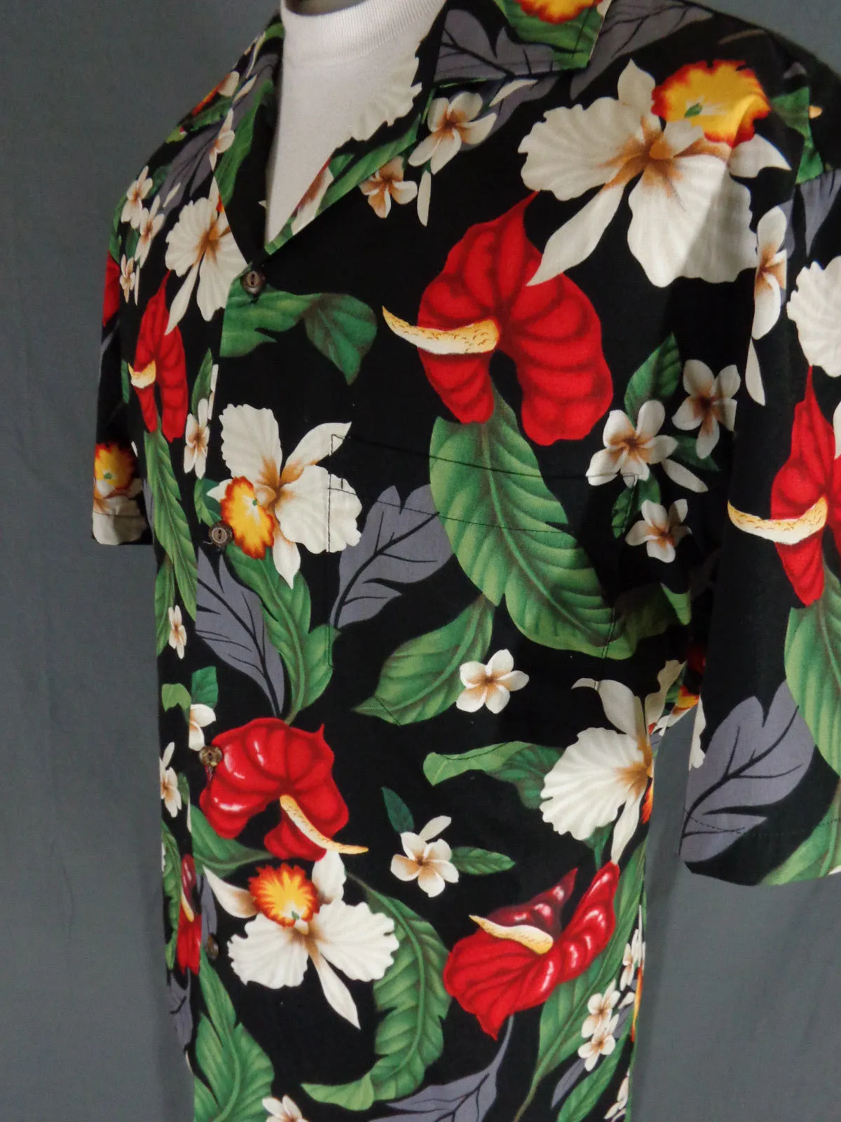 Vintage Aloha Republic Black Tropical Floral Print Hawaiian Shirt - Large