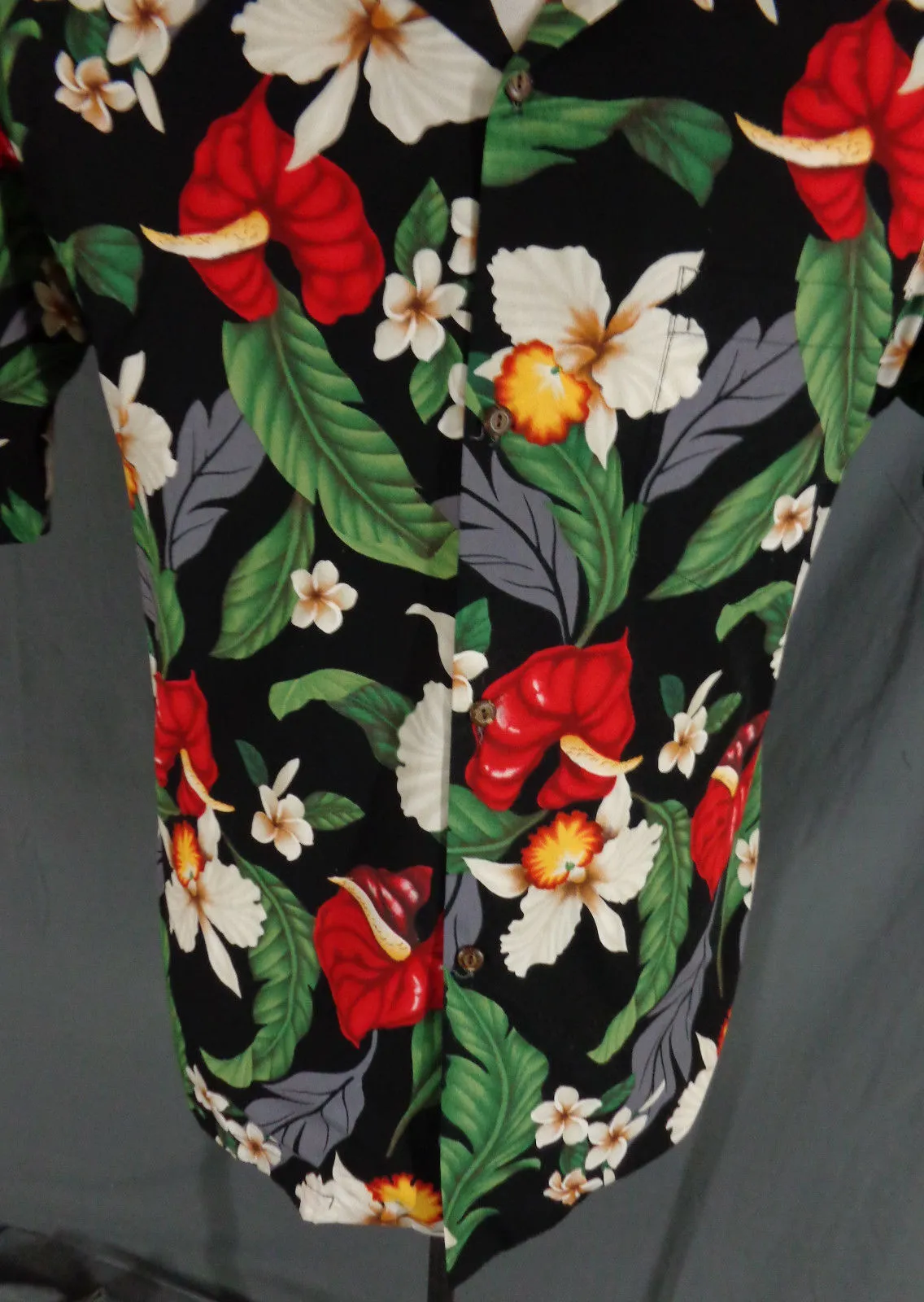 Vintage Aloha Republic Black Tropical Floral Print Hawaiian Shirt - Large