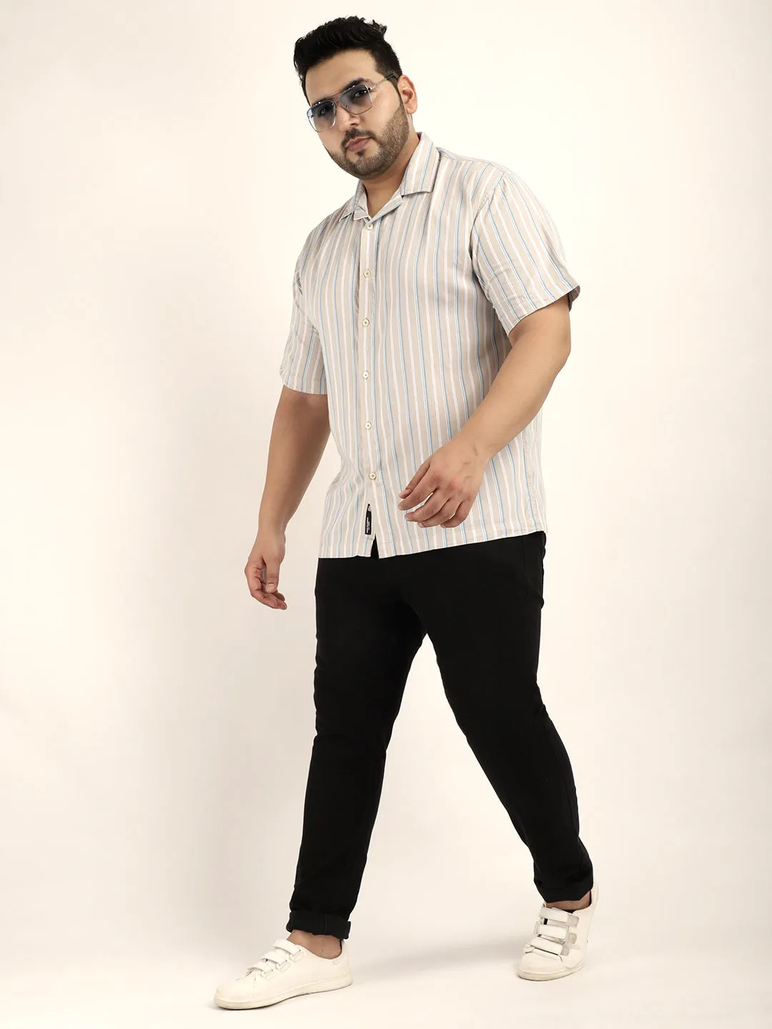 Vivid cotton Beige Half Sleeves Plus Size Shirt