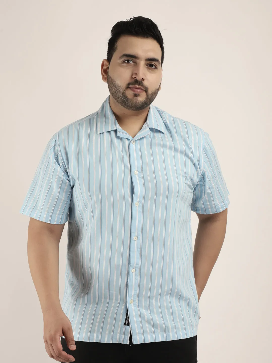 Vivid cotton Sky Blue Half Sleeves Plus Size  Shirt