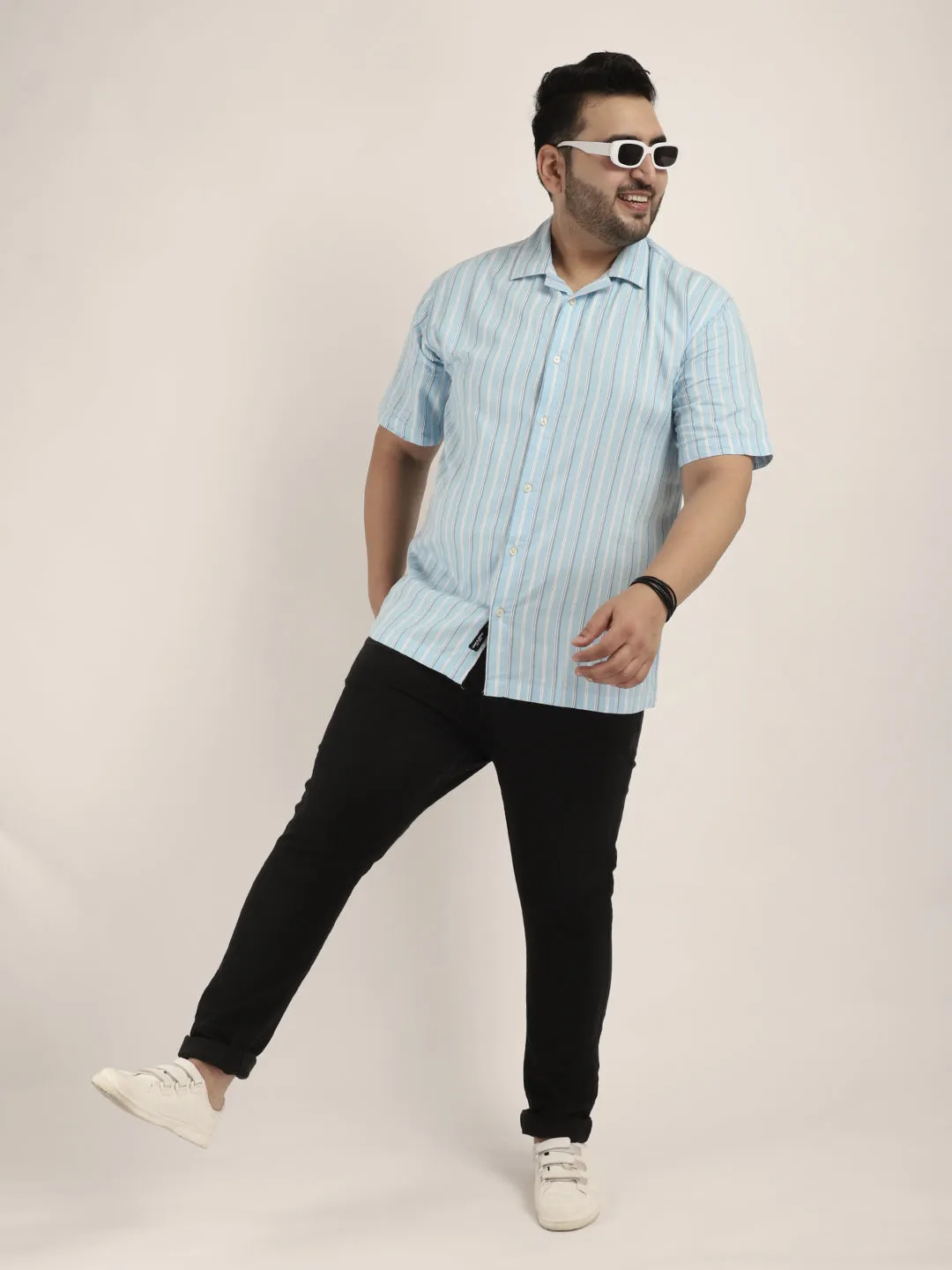 Vivid cotton Sky Blue Half Sleeves Plus Size  Shirt