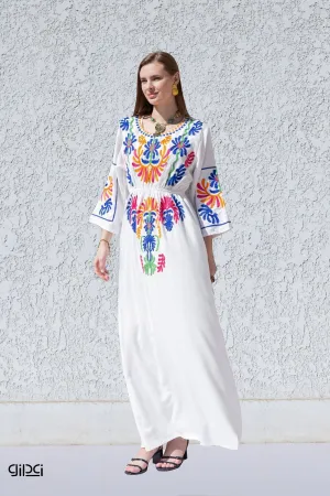 White Colorful Embroidered Cotton Kaftan