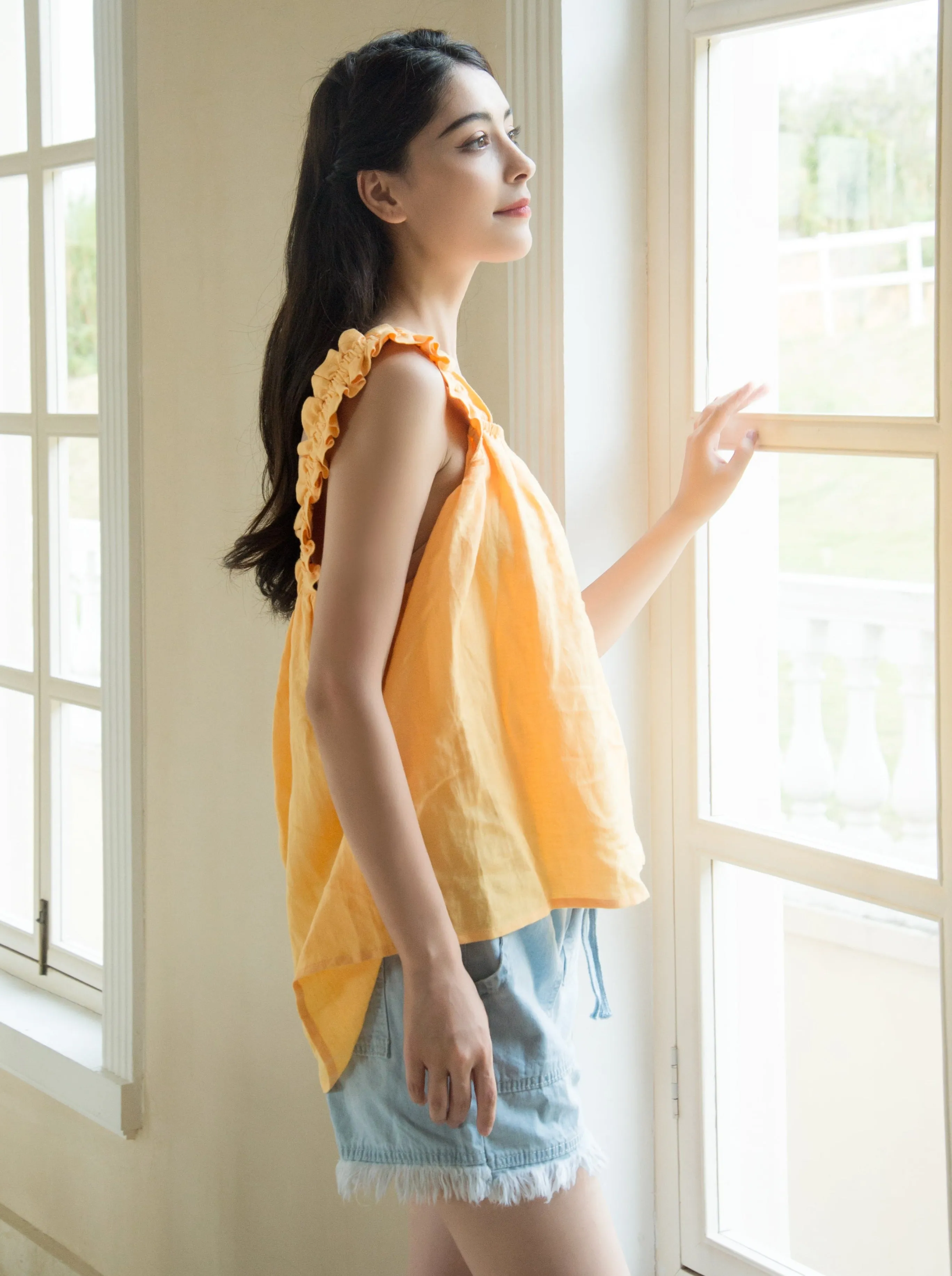 Woman Marigold Cotton Singlet Julia Singlet - Marigold/ Linen & Cotton