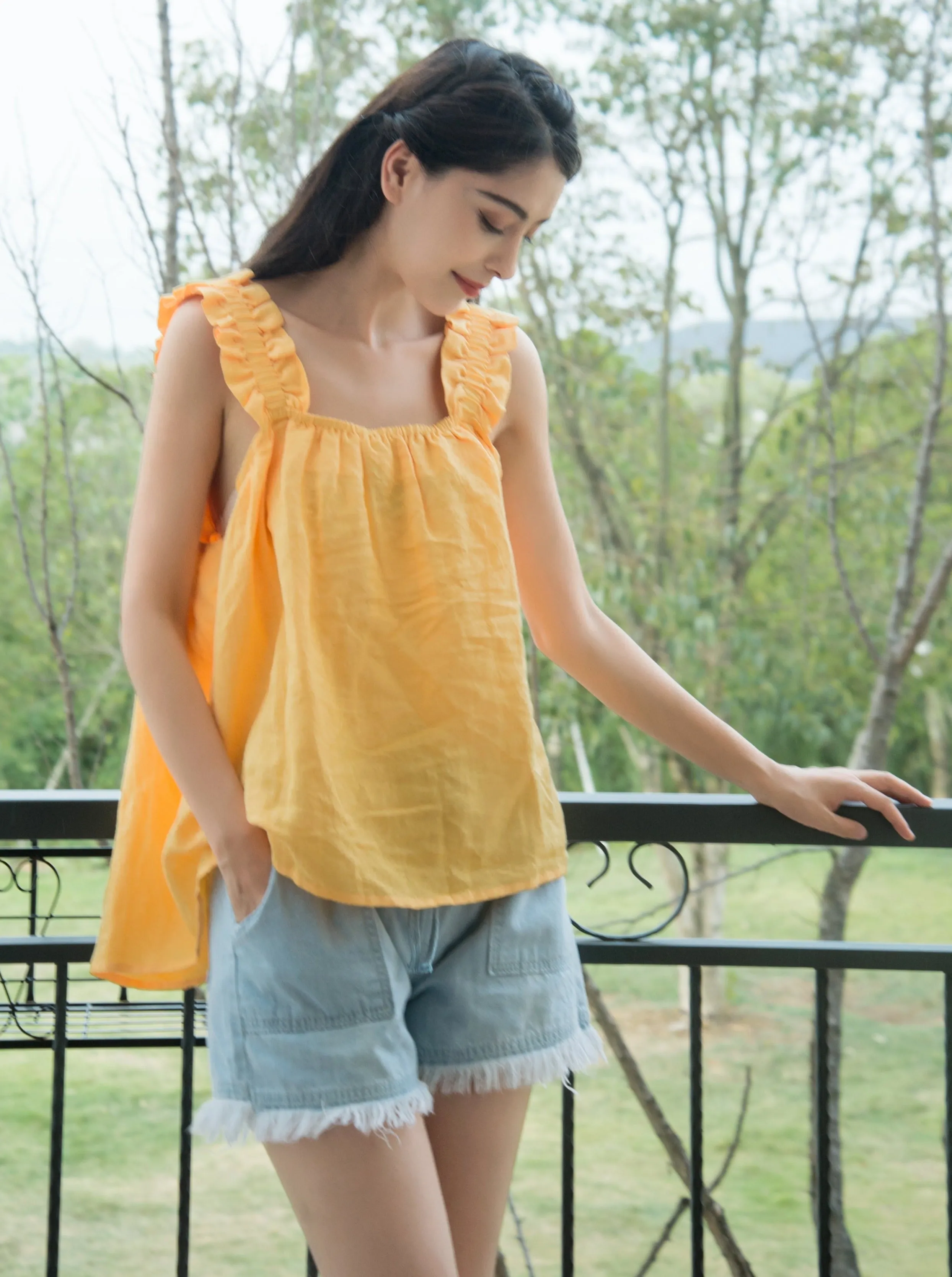 Woman Marigold Cotton Singlet Julia Singlet - Marigold/ Linen & Cotton
