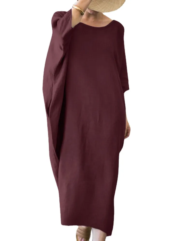 Women Long Sleeve 100% Cotton Shirt Dress Solid Color Calf Length Three Quarter Sleeve Midi Dresses