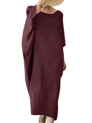 Women Long Sleeve 100% Cotton Shirt Dress Solid Color Calf Length Three Quarter Sleeve Midi Dresses