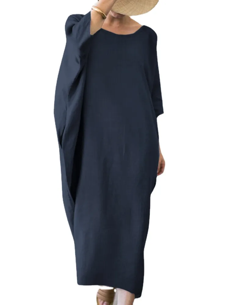 Women Long Sleeve 100% Cotton Shirt Dress Solid Color Calf Length Three Quarter Sleeve Midi Dresses