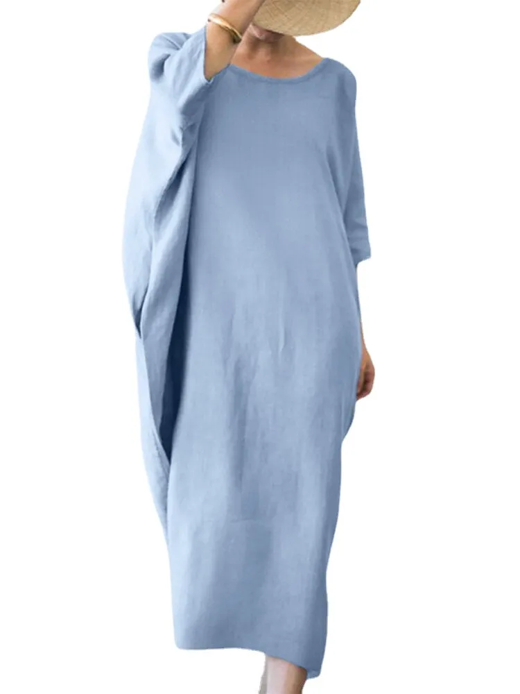Women Long Sleeve 100% Cotton Shirt Dress Solid Color Calf Length Three Quarter Sleeve Midi Dresses