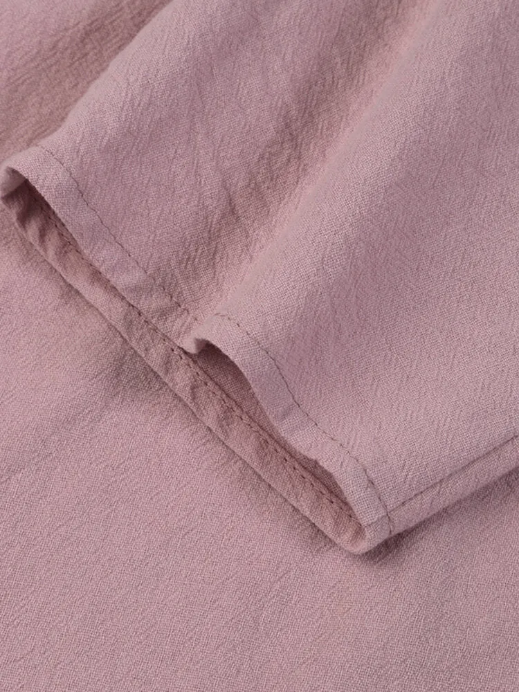 Women Long Sleeve 100% Cotton Shirt Dress Solid Color Calf Length Three Quarter Sleeve Midi Dresses