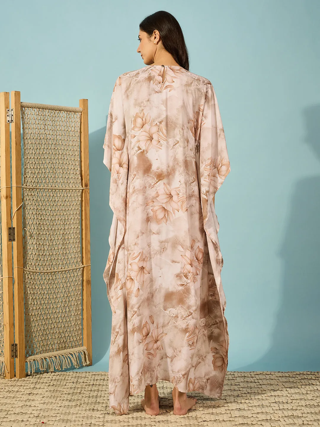 Women's Beige Viscose Rayon Floral Kaftan - The Kaftan Company