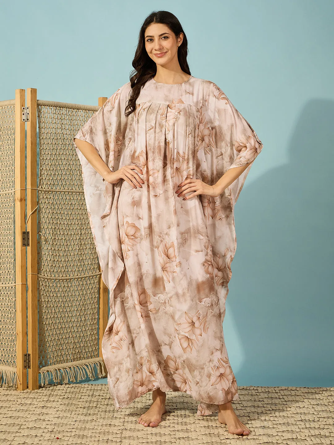 Women's Beige Viscose Rayon Floral Kaftan - The Kaftan Company