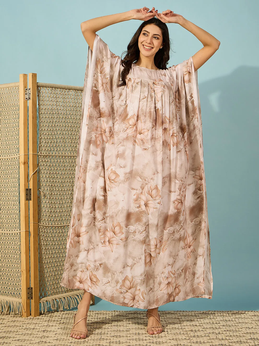 Women's Beige Viscose Rayon Floral Kaftan - The Kaftan Company
