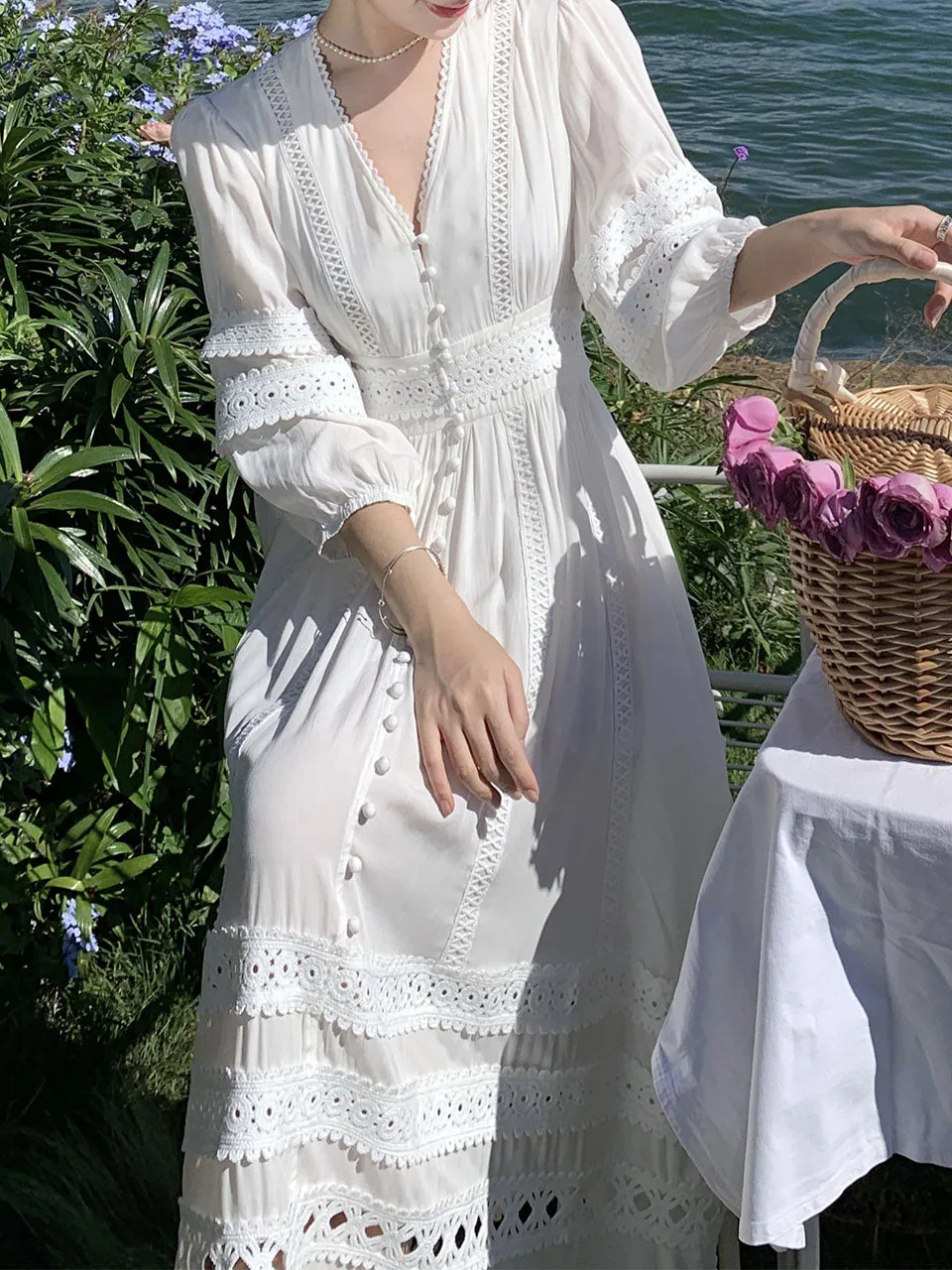 Women's Bohemian White V Neck Hollow Lace Maxi Boho Dress