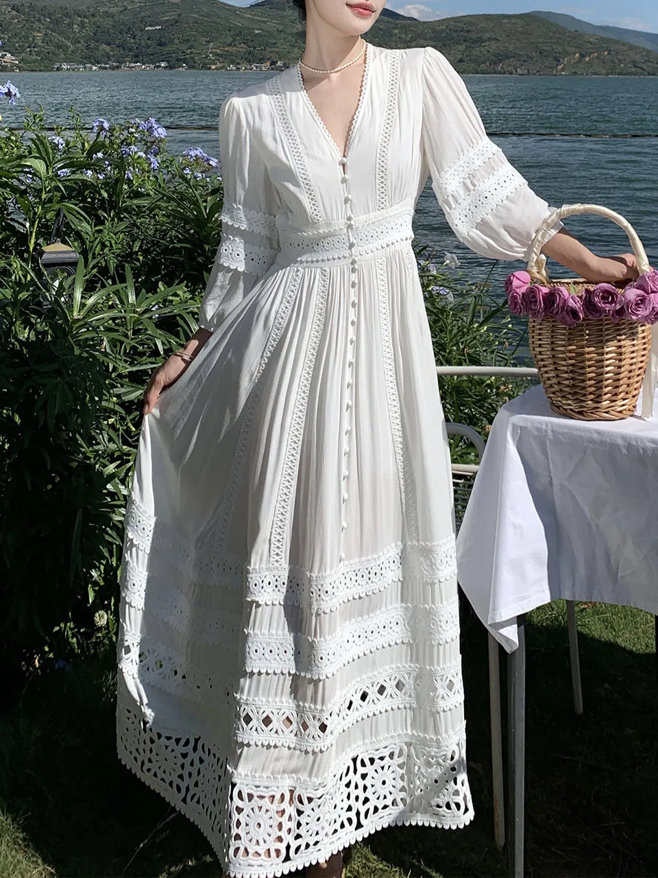 Women's Bohemian White V Neck Hollow Lace Maxi Boho Dress