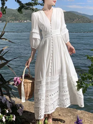Women's Bohemian White V Neck Hollow Lace Maxi Boho Dress